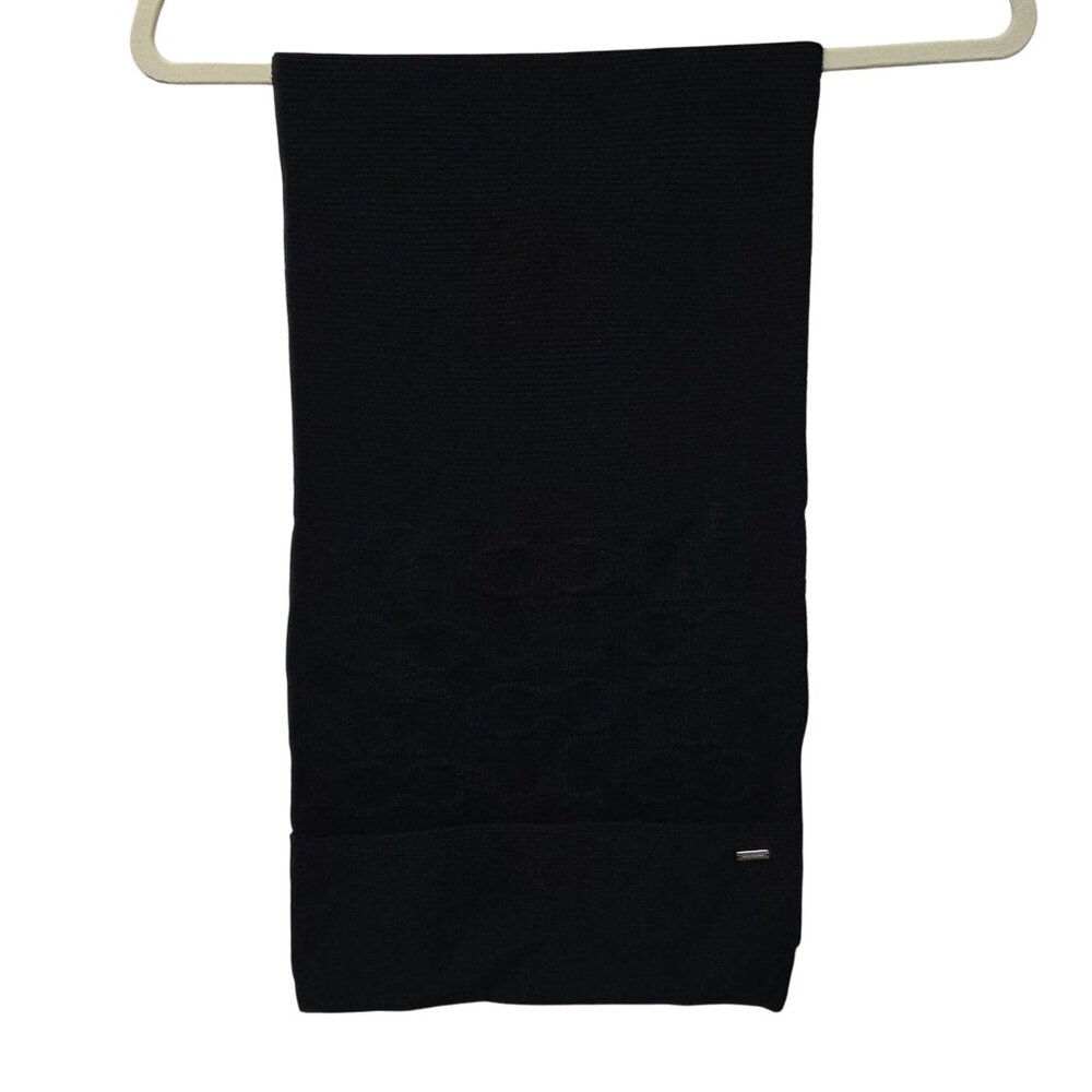 Coach Signature Black Knit Scarf Embossed F32711 Classic Preppy Sleek Designer - Picture 4 of 6